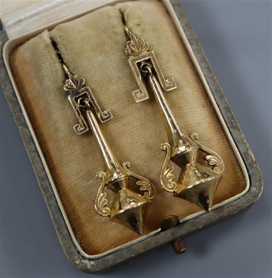 An ornate pair of 19th century yellow metal drop earrings, 48mm.